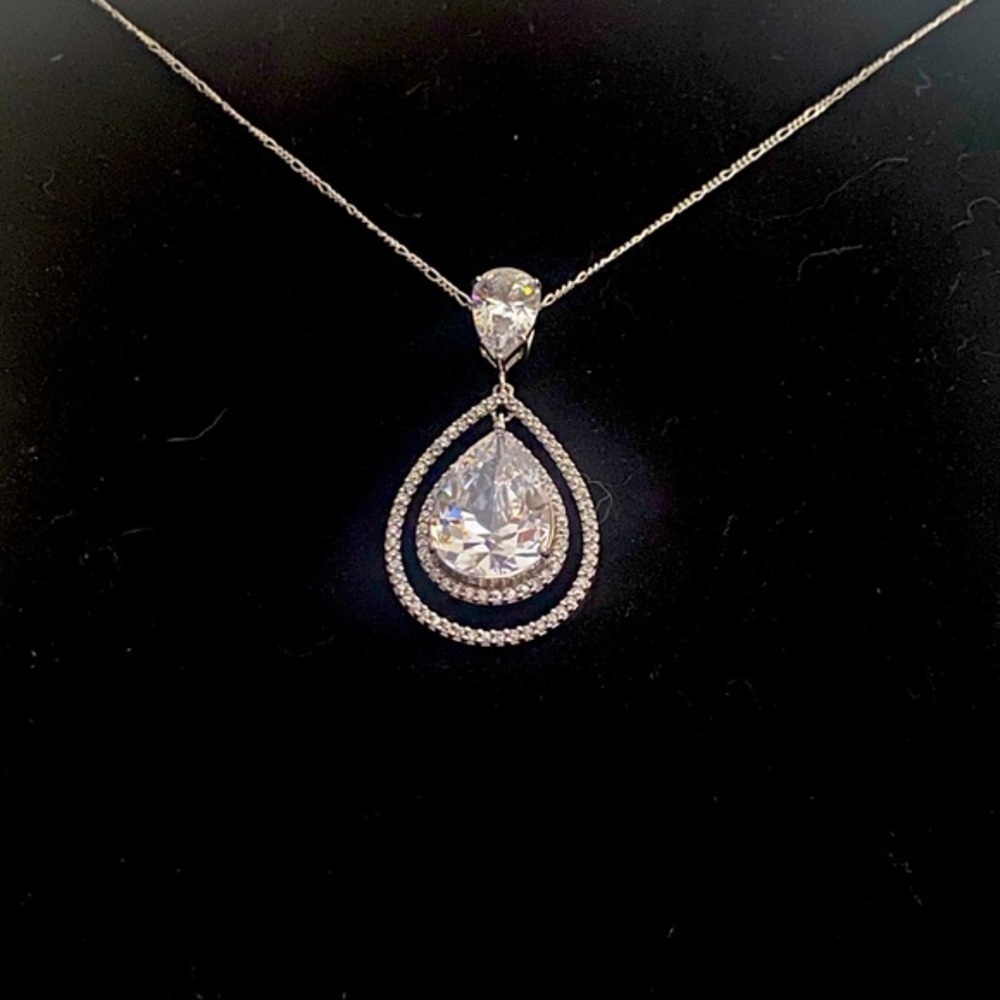 SPI Italian 925 Silver Double Pear Shape CZ Stone Pendant Necklace Jewelry